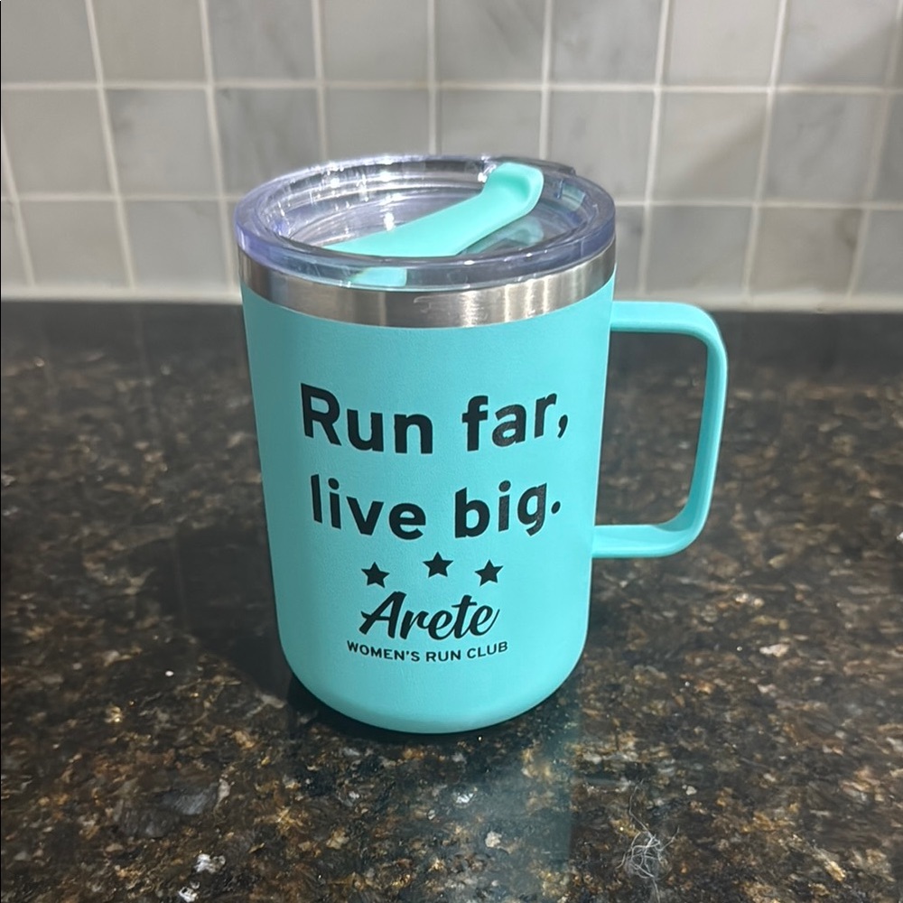 “Run Far, Live Big” Travel Tumbler with Handle and Lid by H2GO (Arete Run Club)